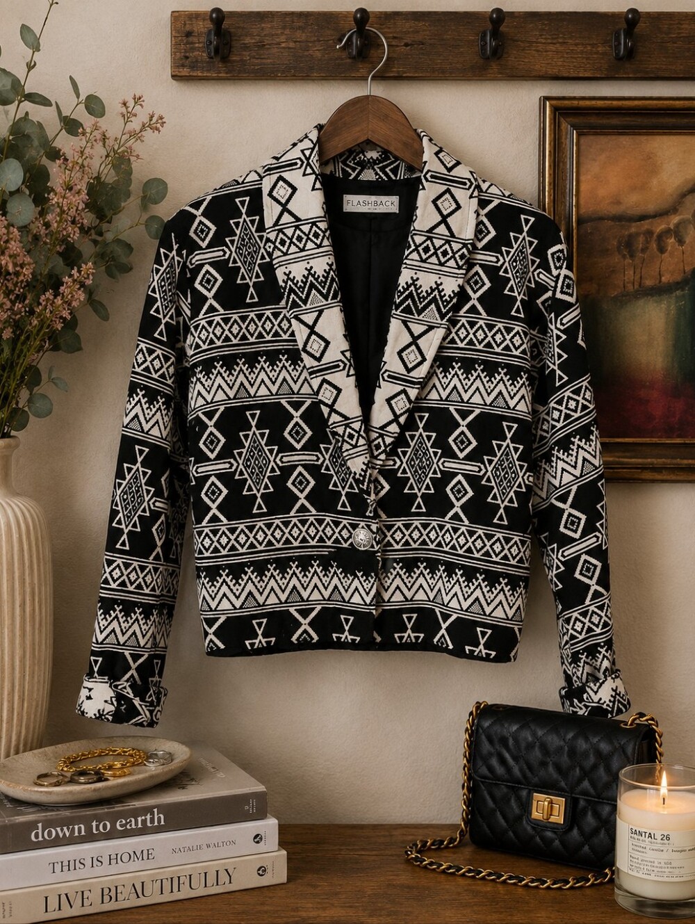 Flashback Vintage Black White Geometric Aztec Print Blazer Jacket